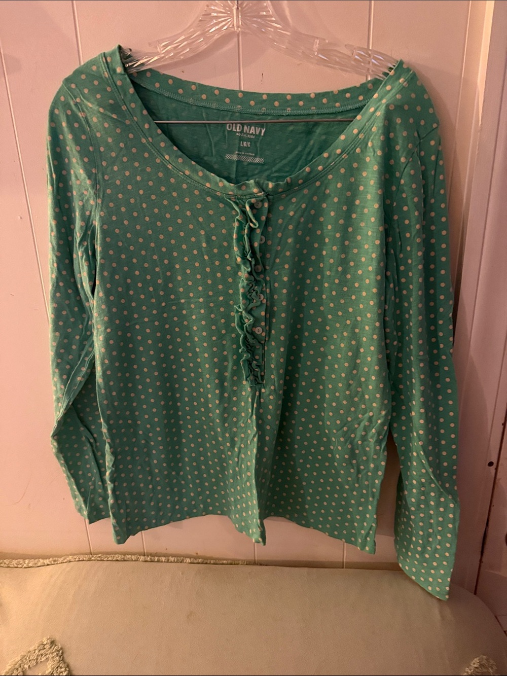 Old Navy Mint Green Polka Dot Long Sleeve Ruffle Top
